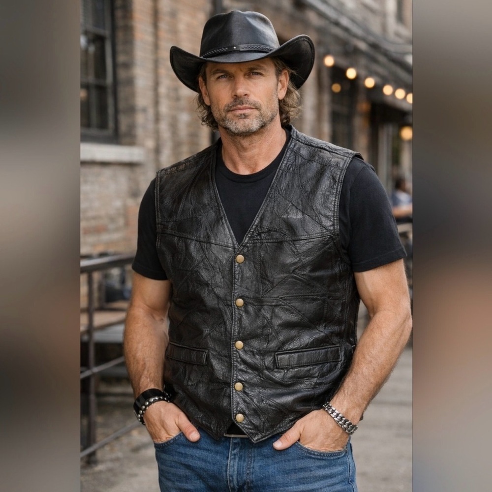 Vintage Navarre Buffalo Leather Vest – Italian Stone Design – XL